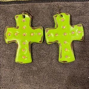 Distressed green clay cross earrings